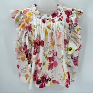 FAIRHOPE Blouse Womens XXL Floral Ruffle Flutter Sleeve Top Braid Neck Romantic